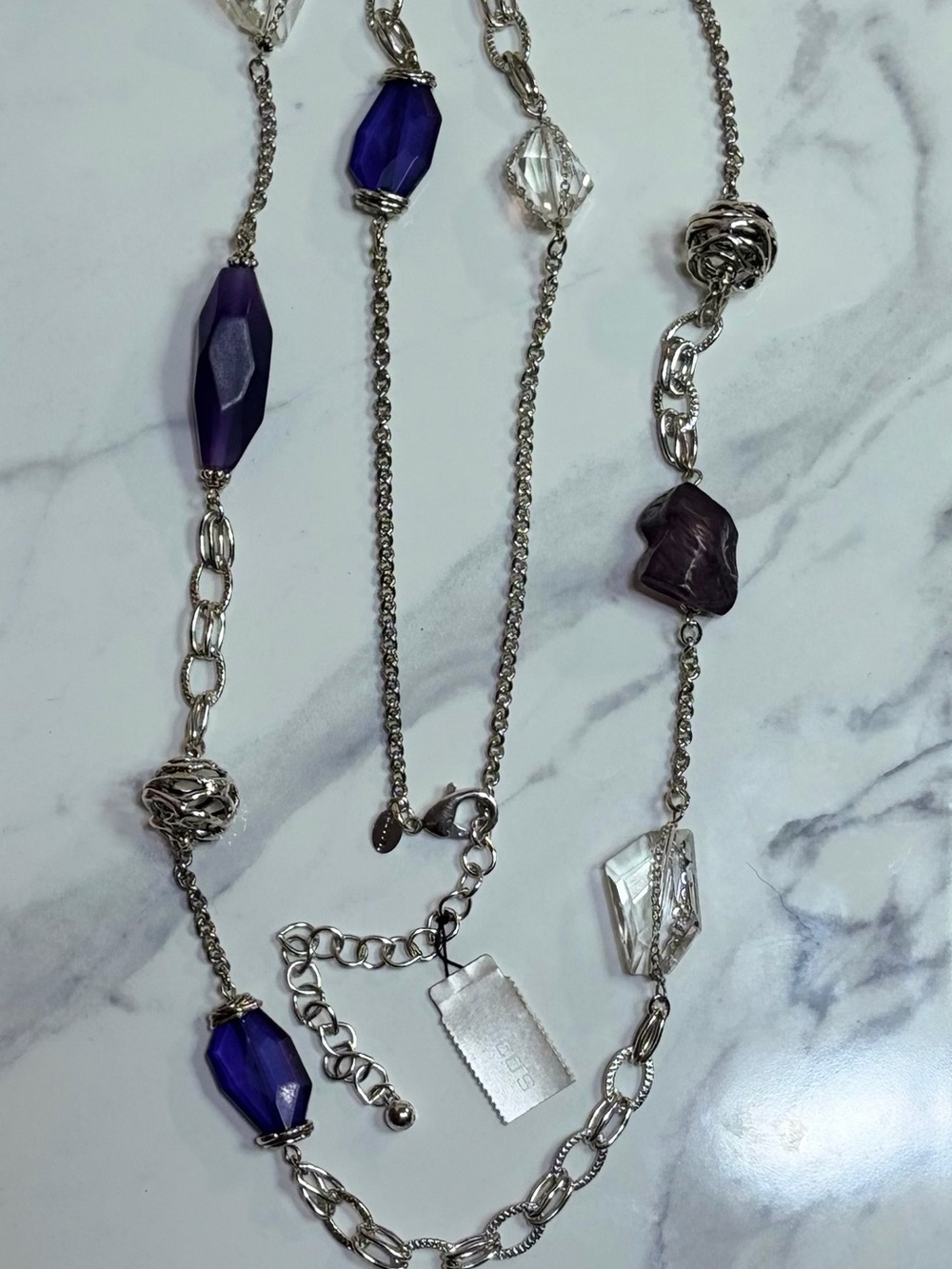 Chico's Silver-Tone Necklace with Deep Purple and Clear Beads
